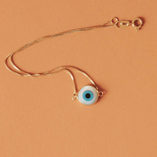 Pulseira Olho Grego Duas Faces com Corrente Elo Português 19 cm em Ouro 18k