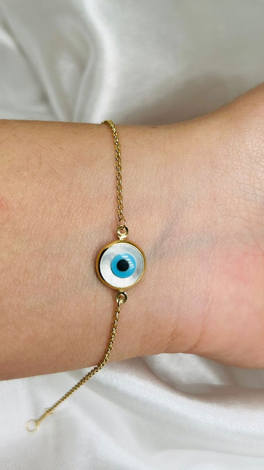 Pulseira Olho Grego Duas Faces com Corrente Elo portugues 19 cm em Ouro 18k
