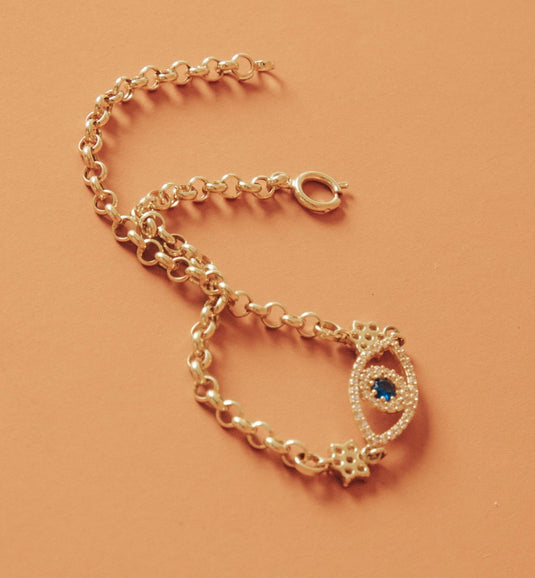 Pulseira Olho Grego Flor com Pedras Brancas e Safira Sintética 20cm em Ouro 18k