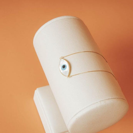 Pulseira Olho Grego Losango com Madrepérola e Corrente Veneziana 21cm em Ouro 18k