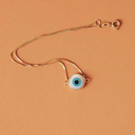 Pulseira Olho Grego Redondo com Madrepérola e Corrente Veneziana em Ouro 18k