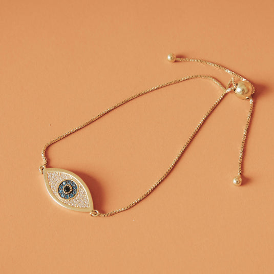 Pulseira Olho Grego com Safira Grande Azul, 10 Pedras Negras e 36 Brancas Importadas 20cm em Ouro 18k