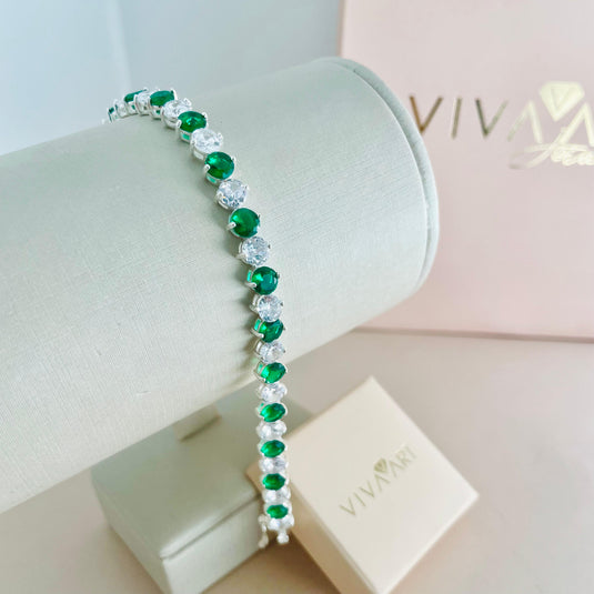 Pulseira Pedras Ponto de Luz Verde Branca Importada 18cm Prata 925.