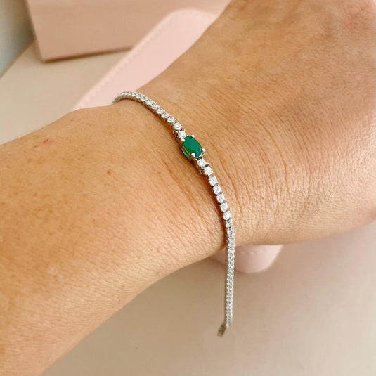 Pulseira Riviera Pedra Verde Sintética 16cm Prata 925