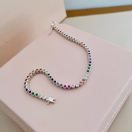 Pulseira Riviera Pedras Redondas Coloridas 18cm Prata 925