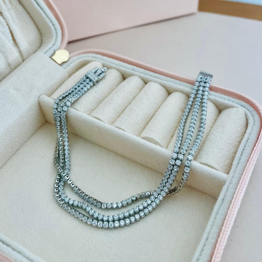 Pulseira Riviera Tripla Zircônia Branca 18cm Prata 925..