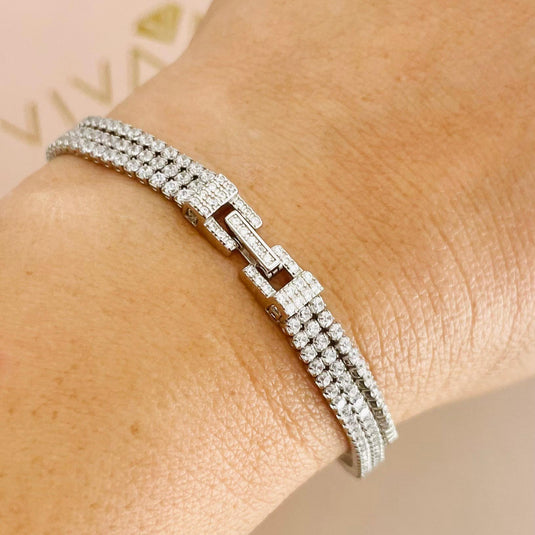 Pulseira Riviera Tripla Zircônia Branca 18cm Prata 925.