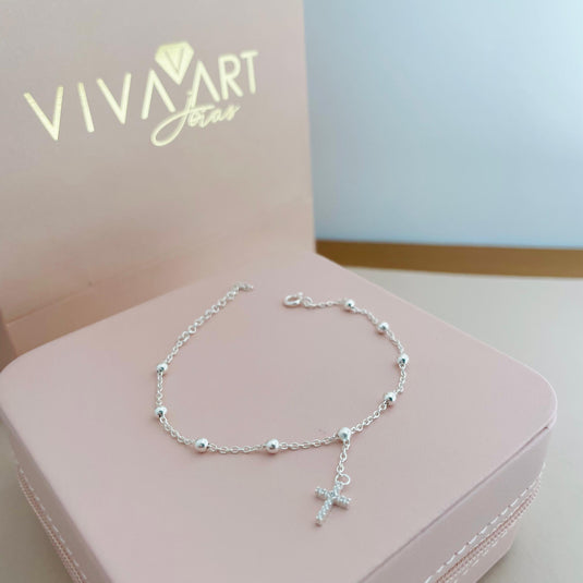 Pulseira Terço 9 Bolinhas Cruz Cravejada Zircônia 18cm Prata 925