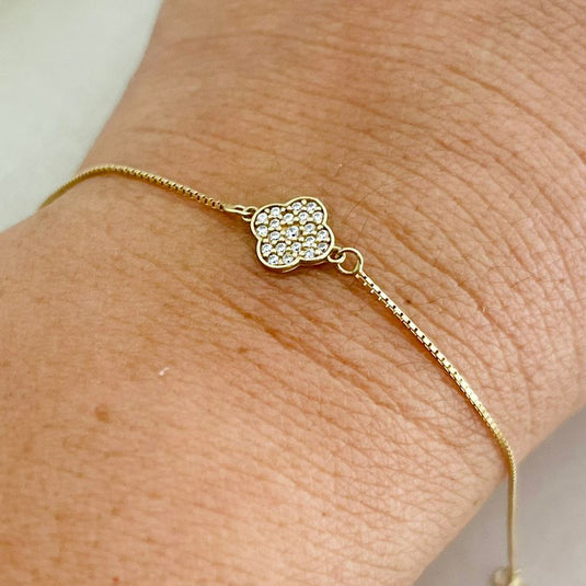 Pulseira Trevo Cravejado com Microzircônias – Ouro 18k | 16cm
